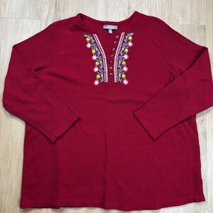 Woman Within Plus Size Embroidered Thermal Henley Tee Red 3X